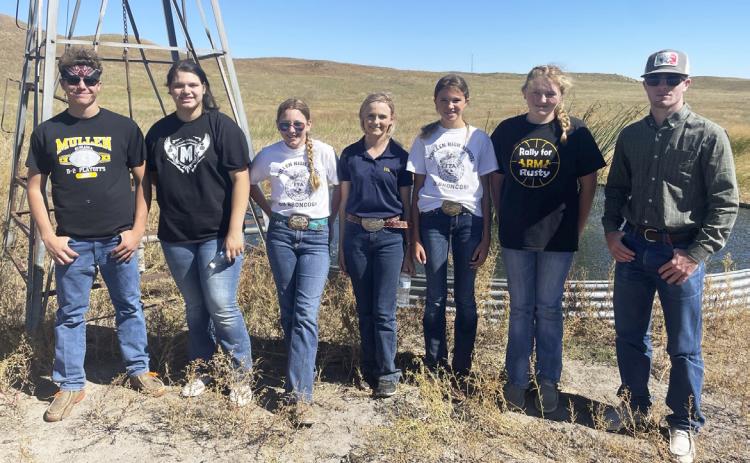 Mullen FFA Range Judging teams, l-r: Chase Rundback, Mia Flores-Green, Hope Miller, Ashton Werth, Ady Hampton, Hayley Donohoe, Luke Durfee. Kelsey Phillips