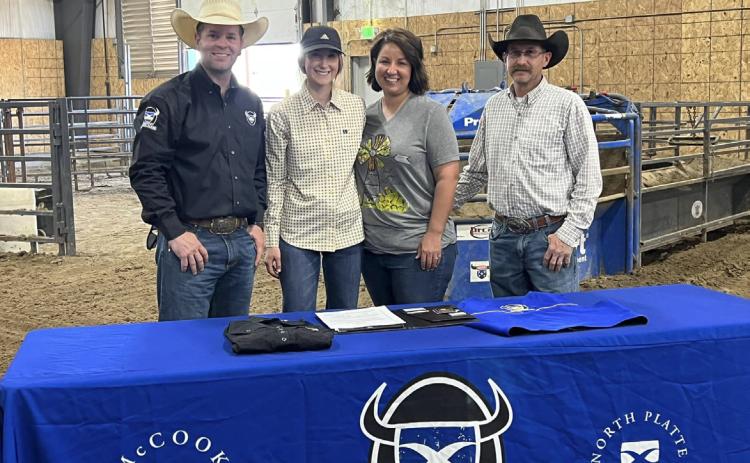 MHS senior Whitney Jennings recently signed her letter of intent to compete for the Mid-Plains Community College rodeo team in breakaway, team roping and barrel racing. Pictured l-r: MPCC Timed Events Coach Wyatt Clark, Whitney, Janelle and Royce Jennings. courtesy photo
