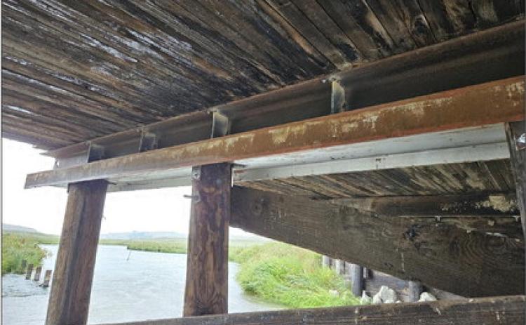 Pictured is the steel beam that replaced the timber pile cap that was broken on the bridge over the North Loup River on Highway 97, 25 miles north of Mullen. courtesy of NDOT