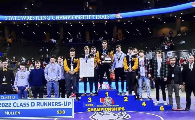Class D State Wrestling Runners-up, pictured l-r: Assistant Coach Bo Pettit, Student Manager Jaylon Forsen, Student Manager Tate Kvanvig, Spencer DeNaeyer, Jarren Forsen, Isaac Welch, Eli Paxton, Owen Thorberg, Sean Simonson, Kyle Durfee, Jeffery Forsen, Tel Kvanvig, Andrew Harvey, Chase Gracey, Assistant Coach Ty Kvanvig, Head Coach Russ Monette. courtesy photo