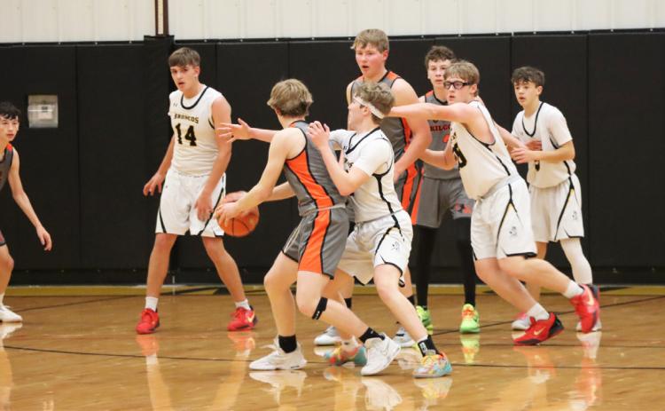 Broncos on defense against Cody-Kilgore, l-r: Jacob Walker, Brandon Hardin, Daniel Wright and Ben Werner. Sue Licking