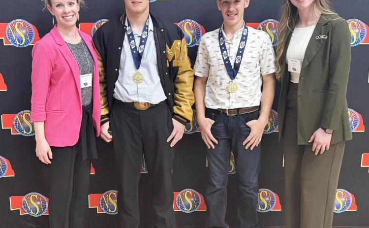 Unified Duet Champions Daniel Wright and Hunter Brown pictured with MHS speech coaches Wynn Cannon (left) and Kyler Horn. Carolee Brown