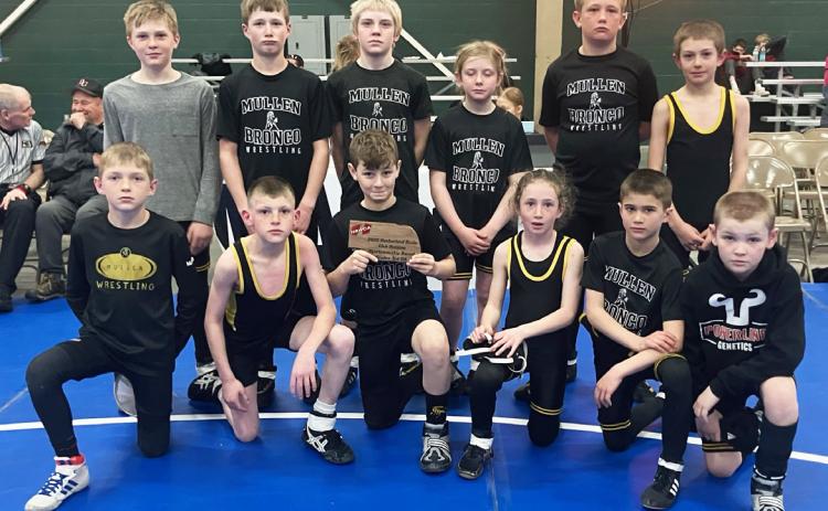 Youth wrestlers competing at the Huskerland Duals, back l-r: Gus Wingebach, Cylas Dent, Jedd Kraus, Marki Finney, Caleb Deibler, Grady Phipps. Front: Kyler Marsh, Luke Cox, Tuff Pettit, Dailie Dent, Tru Mundorf, Tripp Jewell. Steven Dent