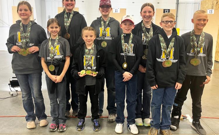 State BB Gun medalists, l-r: Adelyn O’Brien, Rainne O’Brien, Hannah O’Brien, Sadie Hoyt, Jessa O’Brien, Duke Miller, Hope Miller, Oakes Miller, Teal Peterson. Gerri Peterson
