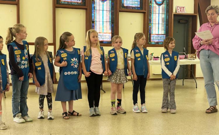 The annual Girl Scout Mother/Daughter Salad Supper was held at the Methodist Church last Monday, April 14. The Daisy Girl Scouts are pictured l-r: Addison Mundorf, Anna Ridenour, Aurora Polt, Kinley Crisp, Harper Myers, Ryann Walz, Brystol Call and Ryhme Pettit with leader Emily Brown. Gerri Peterson