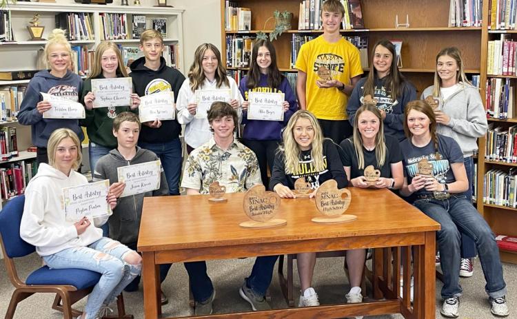 MNAC All Conference honorees, back l-r: Tierston Moore, Sydnee Cheever, Alex Werner, Izzy Hoyt, Allie Boyer, Alex Moore, Callie Coble, Josey French. Front: Peyton Paxton, Jason Kraus, Ty Durfee, Taylor Svoboda, Lindey Coble, Kylie Licking. Kyle Hoyt