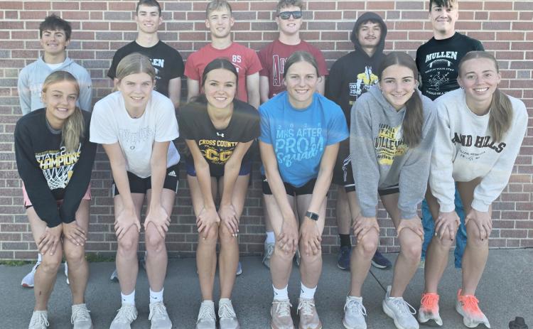 Mullen Bronco State Track qualifiers, back l-r: Braylon Kuncl, Cayden Hampton, Alex Werner, Brandon Hardin, Nick Gonzalez, Tate Kvanvig. Front: Kaisley Phipps, Chloe Newman, Ady Hampton, Brynne McCully, Abby Gracey, Harper Andersen. courtesy photo