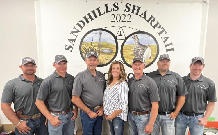 Sandhills Sharptail Shootout committee members, l-r: Ethan Kearns, Zack Cox, Mike Baum, Jennifer Peters, Dane Peterson, Wade Marsh, Shane Young. Not pictured: JW Schmid.