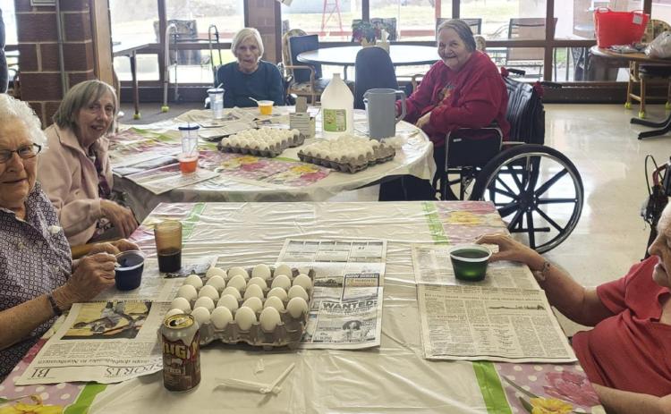 L-r: Nadene Andersen, Sharon Carson, Marlene Dykes, Ann Connell and Sharon Foster prepping to color eggs.