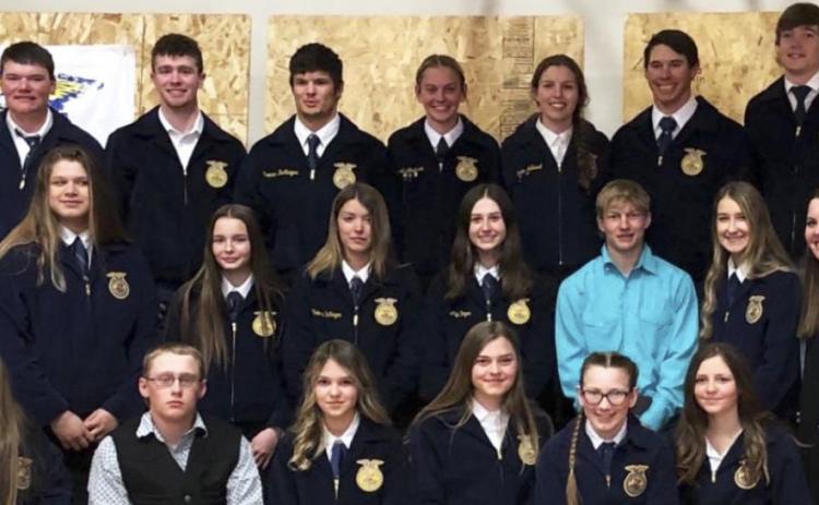 FFA members, back l-r: Owen Thorberg, Luke Durfee, Spencer DeNaeyer, Alli Loughran, Jordyn McDowell, Sean Simonson, Jaden Emerson. Middle: Mia Flores-Green, Maggie Haesler, Medora DeNaeyer, Allie Boyer, Justin French, Whitney Jennings, Advisor Jaylynn Ravenscroft. Front: Hayley Donohoe, Daniel Wright, Ady Hampton, Georgia Wingebach, Hope Miller, Kalli Licking. courtesy photo