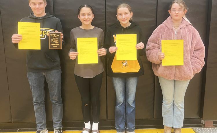 The Hooker County Spelling Bee was held last Wednesday, Feb. 4. The 5th-8th graders competed at the Hilltop Gym. Pictured are those winners, l-r: 8th grade - Justin Kraus and Overall Champion, 7th grade - Luciana Gonzalez, 6th grade - Parker Vinton and Overall Runner-up, 5th grade - Taylor Cash. Brett Mauler