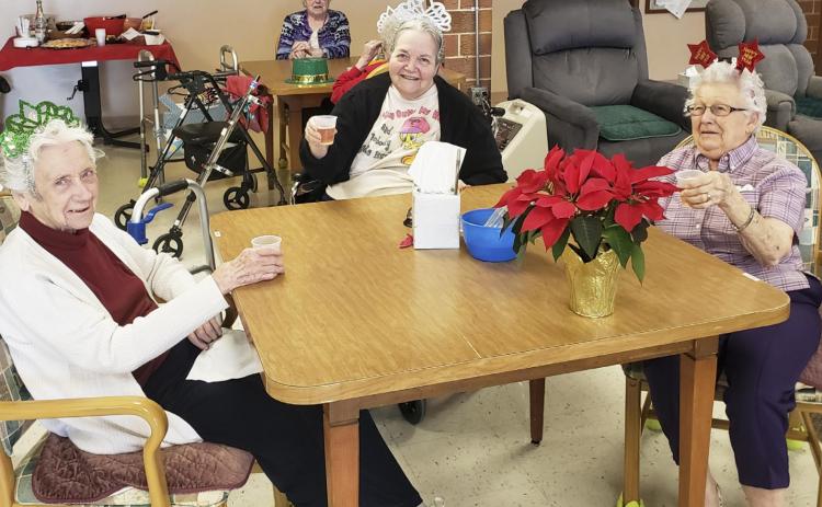 Gini Corbin Bringing in the New Year with, l-r: Wanda Mackley, Minnie Mary Hamilton (behind), Ann Connell and Nadene Andersen.