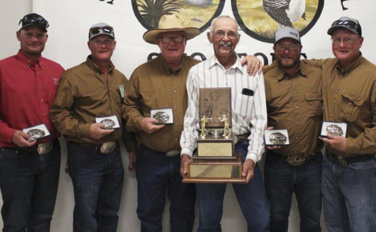 The Landowners Traveling Trophy was presented to Lyle Phillips and Leonard Phillips. Lyle is pictured with the Robertson Team, who won the Past Shooters Grouse Hunt on Phillips’ land. Pictured l-r: Kelvin Robertson, Nick Robertson, Kevin Robertson, Lyle, Klinton Robertson, Nathan Robertson. The Robertson Team also placed 2nd in the Past Shooters Trapshoot. Dane Peterson