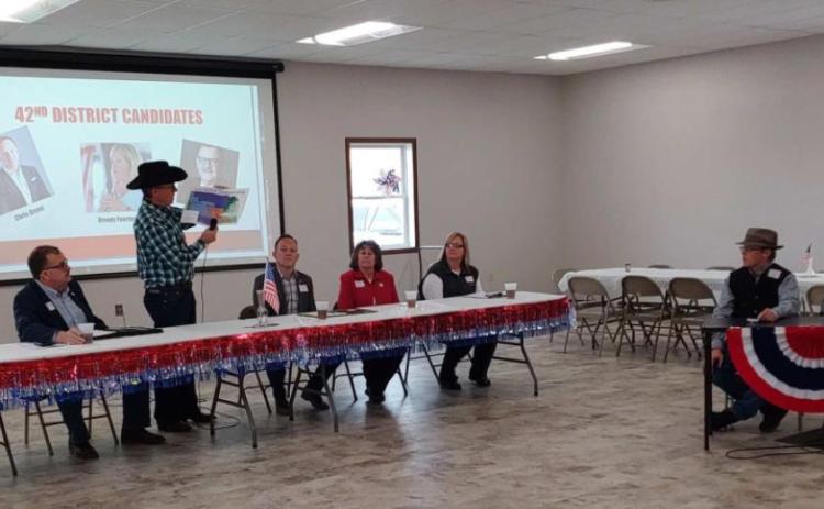 42nd District Legislative candidates answer questions last Sunday at the Hooker County Community Center. Judy White