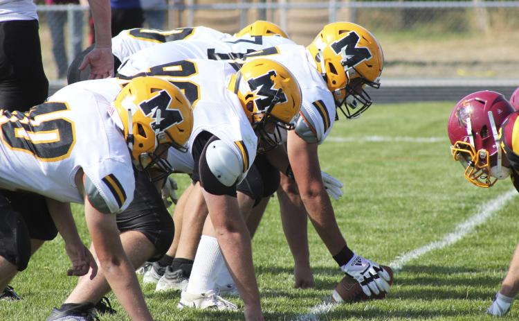 The Broncos’ offensive line in action last Friday - l-r: James Kessler, Tel Kvanvig, Deacon De-Naeyer, Isaac Welch and Ethan Hardin. Mercedes Garner