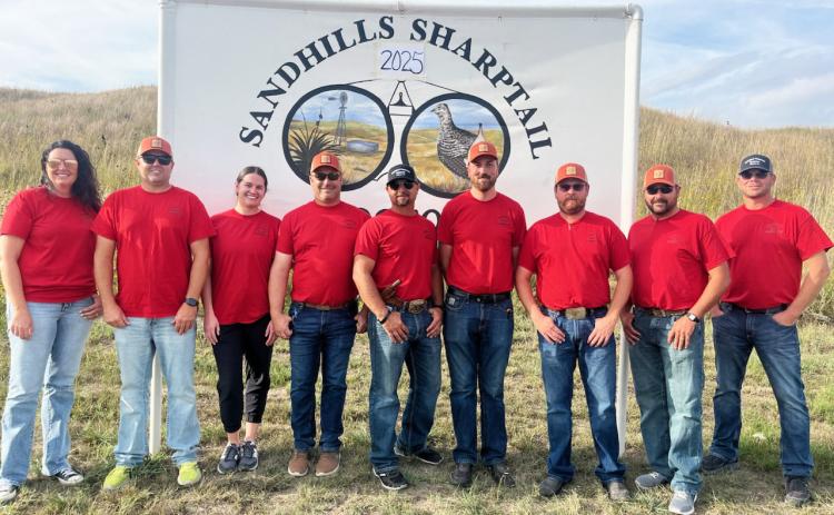 The Sandhills Sharptail Shootout committee preps nearly all year for the event, pictured l-r: Shauna Donohoe - Treasurer, Wade Marsh, Emily McIntosh - Secretary, Brandon Boyer, Ethan Kearns, William Casey - President, Shane Carr, JW Schmid, Tim Andersen. Dane Peterson