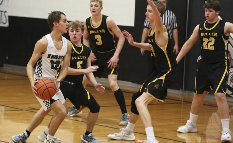 Broncos pictured l-r: Kyle Finney, Clayton Moore, Alex Moore and Deacon DeNaeyer on defense at Sandhills/Thedford. Megan Andersen