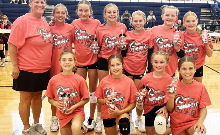 The Mullen 5th/6th grade volleyball team won the Paxton tournament last Saturday, Oct. 11. Pictured back, l-r: Coach Barb McIntosh, Emri Dent, Parker Vinton, Kendall Phipps, Ayden Lee, Ella Walz, Elle Gracey. Front: Clara Seeley, Lillian Ericksen, Avery Vinton, Abbigail Mundorf.