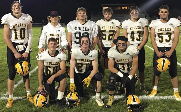 Caroline Durfee MHS senior football boys, back l-r: Jaden Emerson, Andrew Harvey, Cade Groseth, Adam Wiens, Sean Simonson, Samuel Coble. Front: Brady Oltmer, Kyle Durfee, Spencer DeNaeyer.