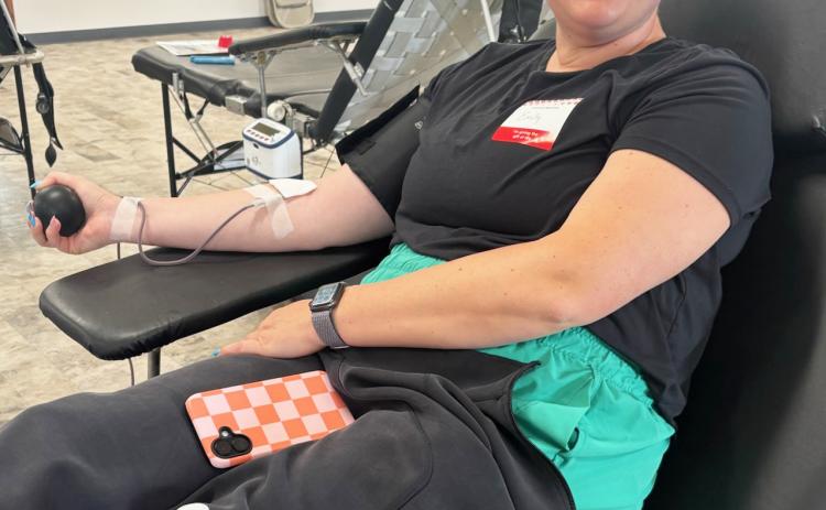 Pictured is Emily Brown donating blood last week.