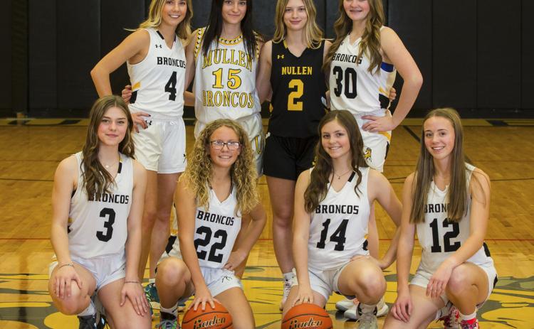 MHS Girls Basketball, back l-r: Peyton Paxton, Fayth Brown, Erika Massey, Hayley Donohoe. Front: Georgia Wingebach, Riley Hegland, Kalli Licking, Harper Andersen. Not pictured: Orabella Heaton, Lauren Schoonveld. Megan Andersen