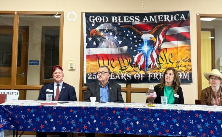 Candidates attending the forum in Mullen are pictured l-r: David Huebner, Scott Peterson, Mike Jacobson, Elizabeth Tegtmeier, Shaylee Scranton, Sheila Focken. Judy White