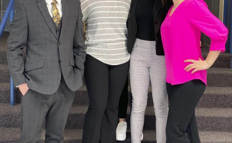 The Mullen High School Speech team has begun competing. They are pictured l-r: senior Samuel Coble - Extemporaneous, Informative, Duet; freshman Mercedes Garner - Humorous Prose; freshman Maggie Haesler - Entertainment Speaking, Poetry; sophomore Ashlyn Simonson - Persuasive, Humorous Prose; senior Faith Miller - Persuasive, Duet. Megan Andersen