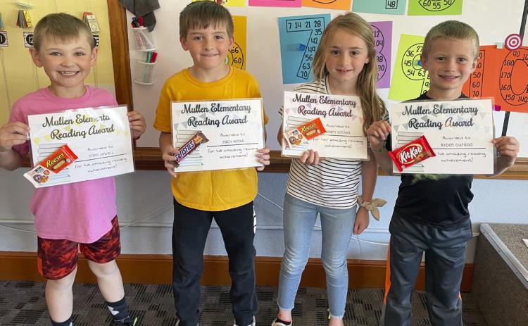 Students receiving reading awards at the elementary this year are pictured l-r: Tripp Jewell, Zach Hicks, Avery Vinton and Ryden Ourada for reaching their 100 book goal in the 2nd grade classroom. 4th grader Weston Ourada (not pictured) received an award for reaching 100 points in Accelerated Reader. Great job elementary students! Beth Rice