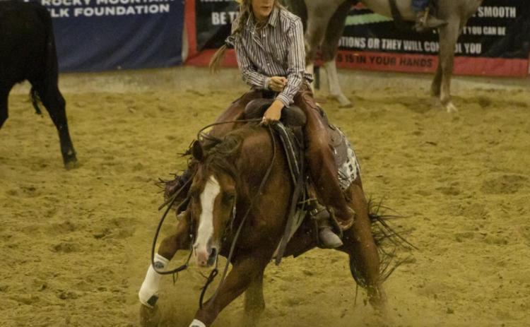 Whitney Jennings in girls cutting and Spencer DeNaeyer in bareback riding action at the National High School Finals Rodeo in Gillette, Wyoming. Hayden Jennings