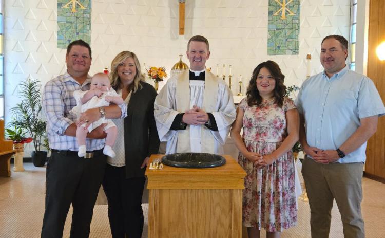 Calvin David Sullivan was baptized by Fr. Matthew Nash on Aug. 12, 2023, at St. Mary’s Church. Pictured l-r: Patrick, Calvin and Melissa Sullivan, Fr. Matthew Nash, godparents Alana Sullivan and Justin Brei. Catherine Sullivan