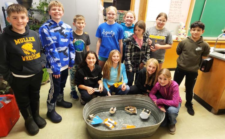 At January’s STEM Club, the students created self-propelled paddle boats. Pictured back, l-r: Zach Hicks, Jackson Newman, Cooper Phillips, Ava Walz, Ella Walz, Keira Kearns, Bella Coetzee, Lorenzo Gonzalez. Front: Luciana Gonzalez, Kendall Phipps, Ayden Lee, Avery Vinton. Tawn Jewell