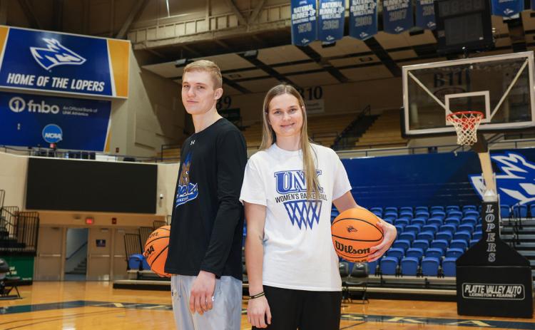 Siblings Clayton and Samantha Moore were three-sport standouts at Mullen High School. Now, they both play basketball at UNK. Erika Pritchard, UNK Communications