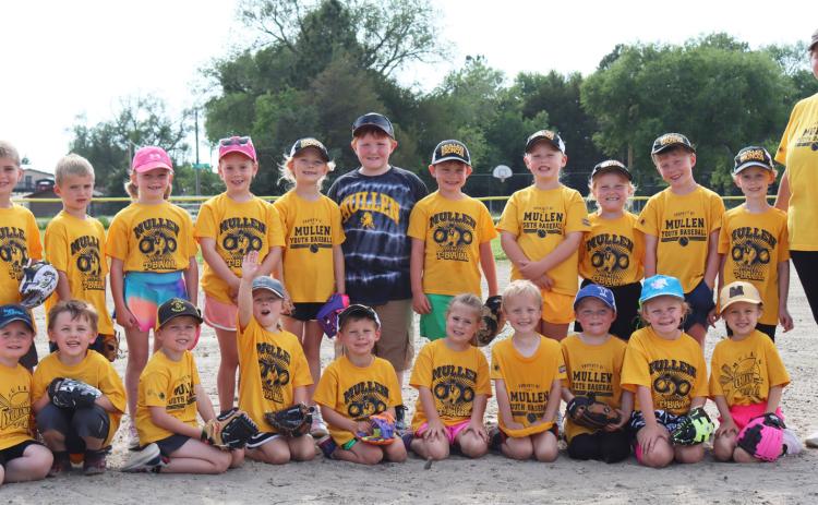 Mullen t-ball, back l-r: Brogan Seeley, Tate Seeley, Ryann Walz, Kinley Crisp, Brystol Call, Lane Brown, Clay Cribelli, Harper Myers, Violet Stichka, Finnegan Connealy, Aurora Polt, Coach Jessica Polt. Front: Libby Kraye, Chasin McIntosh, Martin Connealy, Jordyn Cheney, Johnny Phillips, Kyla Crisp, Arthur Polt, Aiden Stichka, Harper Barnes, Stevie Johnson. Not pictured: Addison Mundorf. Gerri Peterson