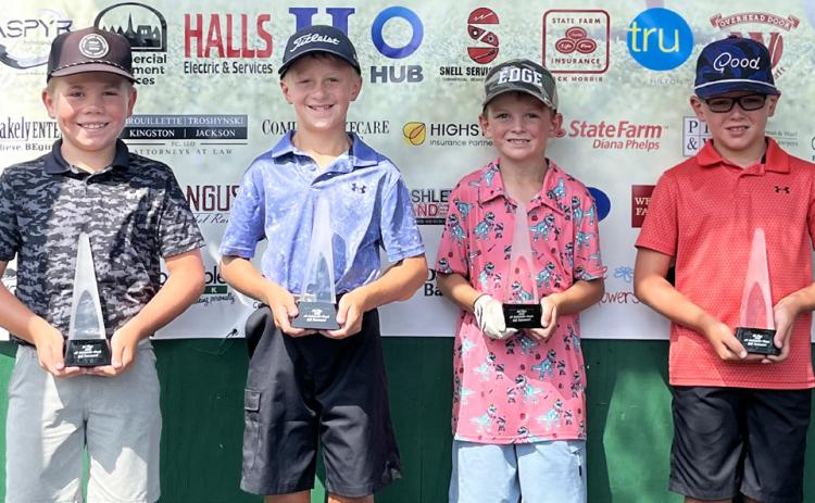 Winners of the Boys 7-9 flight stand on the stage last Tuesday following the final day of play at the 2025 Junior Ambassador Classic at Rivers Edge Golf Club in North Platte. Pictured l-r: 1st - Cooper Rippen, McCook; 2nd - Carter Schwartz, Kearney; 3rd - Cooper Peers, Mullen; 4th - Aric Sharp, McCook. Hank Blaylock, Scottsbluff, placed 5th. courtesy photos