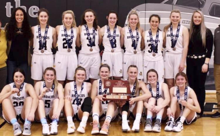 Class D2 Girls State Basketball 3rd place team, back l-r: Assistant Coach Trisha Vest, Assistant Coach Kay Dent, Whitney Jennings, Taylor Svoboda, Jordyn McDowell, Shelby Welsh, Alli Loughran, Callie Coble, Faith Miller, Assistant Coach Grayce Ginkens, Head Coach Clint Svoboda. Front: Michelle Brown, Hanna Marshall, Kylie Licking, Samantha Moore, Brooke McCully, Lindey Coble, Josey French. Sue Licking