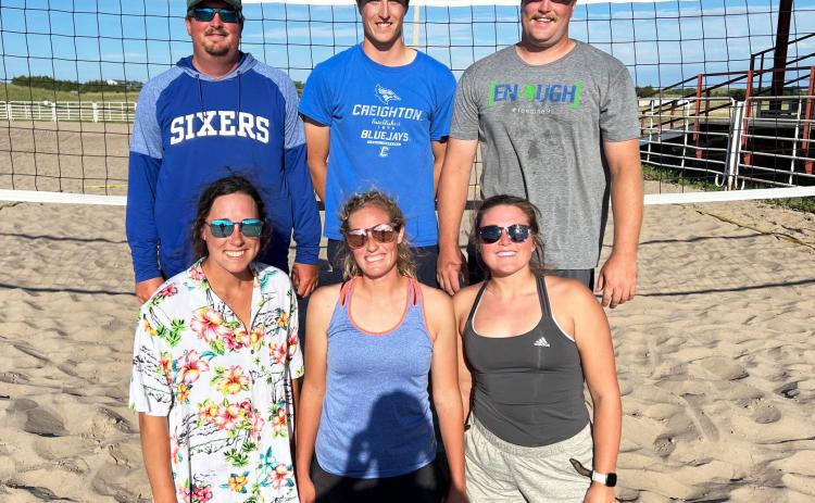 Winning Mullen’s Sand Volleyball Tournament on Sunday, Aug. 7 was this team consisting of, back, l-r: Adam Christen, Luke Christen, Joseph Christen. Front: Megan Christen, Sarah Mullins, Lauren Pavel. Jessica Polt