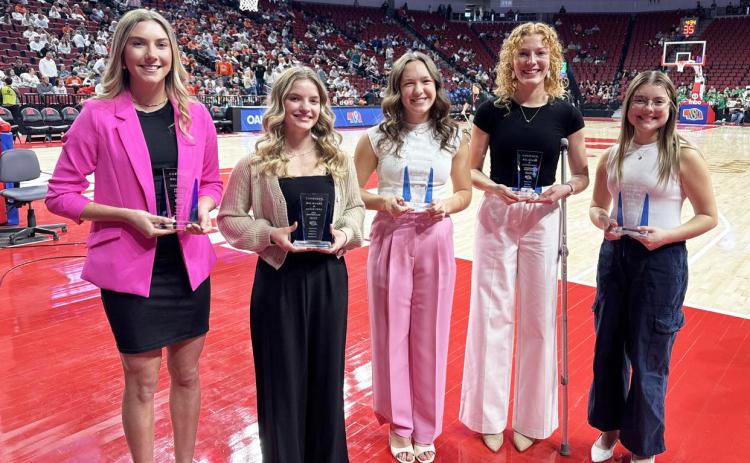 Also recognized with Peyton Paxton (left), was l-r: Ava McFarland of Bloomfield High School, Sofia Karges of Scotus Central Catholic High School, Madison Enstrom of Oakland-Craig High School and Ava Cramer of Cross County High School. NSAA
