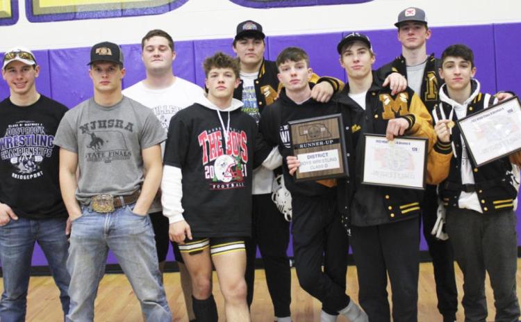 State Wrestling qualifers, l-r: Sean Simonson (170), Spencer DeNaeyer (152), Tel Kvanvig (220), Andrew Harvey (160), Isaac Welch (285), Kyle Durfee (132), Eli Paxton (120), Chase Gracey (145), Jeffery Forsen (106). Kris Forsen