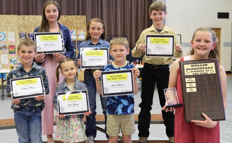 Students of the Year, back l-r: Lillian Ericksen - 5th, Bryndal Greeley - 3rd, Eli Garza - 4th. Front: Brogan Seeley - 1st, Stevie Johnson - kindergarten, Jaxson Barnes - 2nd, Ella Walz - Mullen Elementary Student of the Year. Gerri Peterson