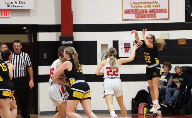 Riley Hegland puts up a three-point shot at Merna. Sue Licking