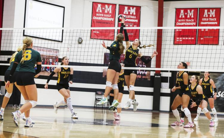 Brynne McCully battles at the net in the championship game last Saturday with teammates Chloe Newman, Kalli Licking, Ella Rice, Emerson Thorberg and Jenna Donohoe ready. Megan Andersen