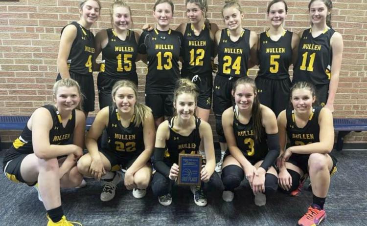 The Lady Broncos with their 3rd place plaque last week, back l-r: Peyton Paxton, Samantha Cheever, Corynn Corbin, Medora DeNaeyer, Lauren Schoonveld, Ashlyn Simonson, Allie Boyer. Front: Faith Miller, Taylor Svoboda, Whitney Jennings, Shelby Welsh, Jordyn McDowell. Tami Miller