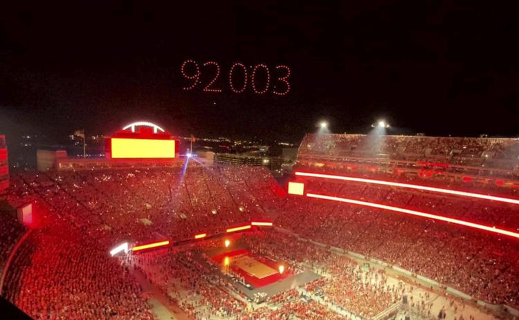 The record-breaking attendance number at a women’s volleyball game illuminates the sky above Memorial Stadium in Lincoln on Aug. 30. Fantasy Drone Shows didn’t know the final attendance number until an hour before launch, but “luckily, programming just a number is pretty easy,” said Scott Buss, the lead designer at the company. courtesy of Don Wisnieski
