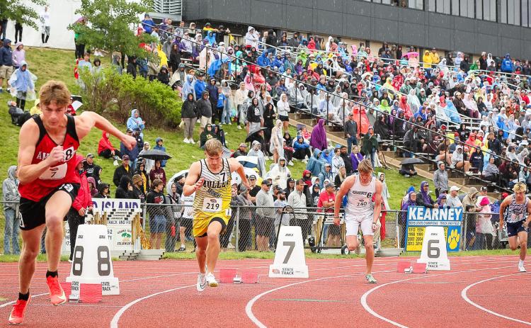 Ponchos were out in full force at the Class D State Track meet last Friday, May 23 in Omaha, as seen at the start of the Alex Werner’s 400. Megan Andersen
