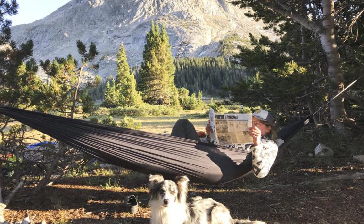 Amanda Osborn of Lincoln and Mica on a backpacking trip at Grave Lake, Popo Agie Wilderness Area, Wyoming.