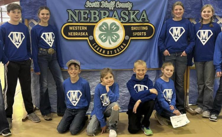 Mullen Marksmen competing at the State shoot, pictured l-r: Kaisley Phipps, Cian Connealy, Ady Hampton, Brandt Mundorf, Rainne O’Brien, Teal Peterson, Kendall Phipps, Hannah O’Brien, Jessa O’Brien, Adelyn O’Brien. Gerri Peterson