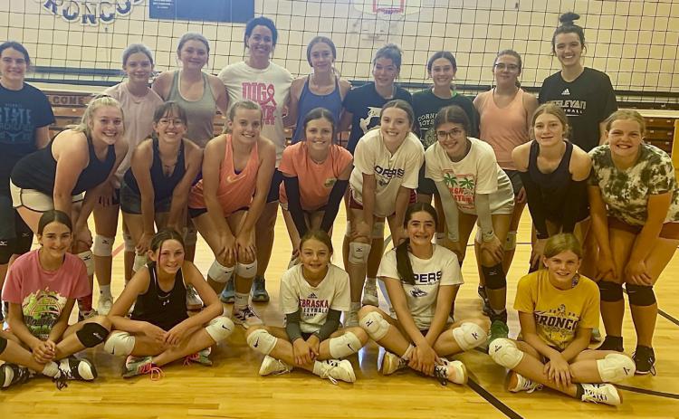 7-12 graders attending volleyball camp are pictured back, l-r: Orabella Heaton, Erika Massey, Hayley Donohoe, Gina Chambers, Sydnee Cheever, Medora DeNaeyer, Allie Boyer, Toni Massey, Nyah Chambers. Middle: Samantha Cheever, Malia Oltmer, Lauren Schoonveld, Kalli Licking, Izzy Hoyt, Ella Rice, Lola Wingebach, Maci Walz. Front: Abby Gracey, Breckyn Burney, Kaisley Phipps, Jenna Donohoe, Chloe Newman. Not pictured: Emerson Thorberg, Kaylin Kliewer, Fayth Brown, Kassidy Cheever.