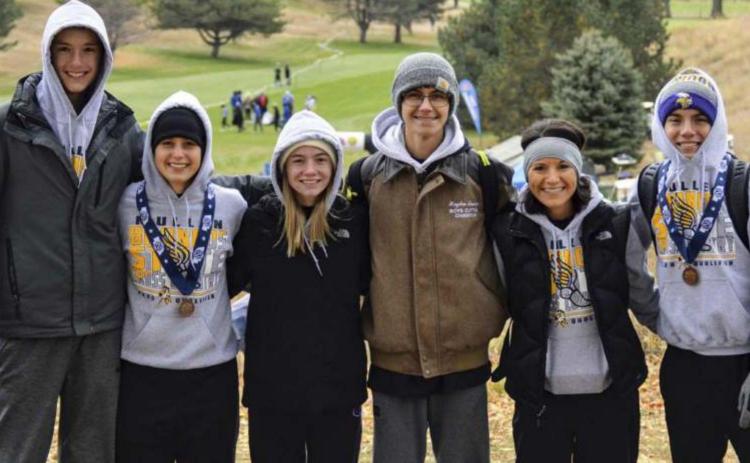 The Mullen cross country teams at State last week in Kearney, l-r: Alex Moore, Callie Coble, Josey French, Hayden Jennings, Coach Janie Kuncl, Trevor Kuncl. Bri Moore