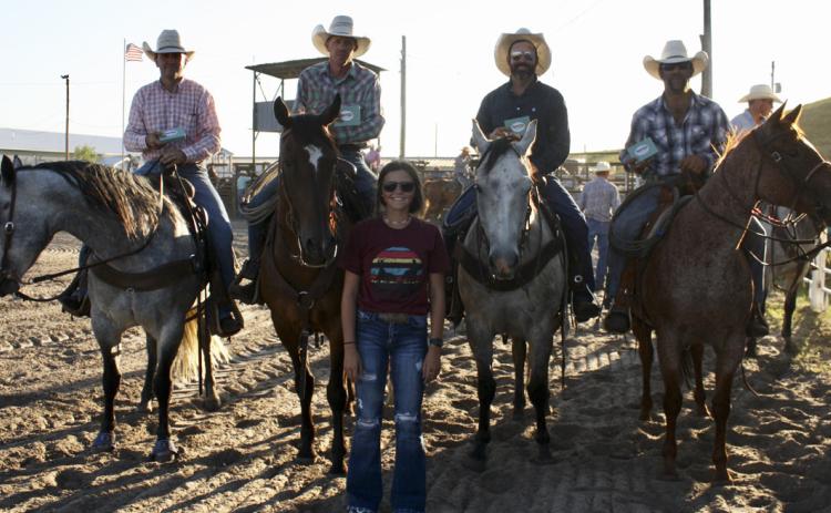 Calf Creek Feeds team, pictured horseback l-r: Tim Vivion, Jay Holthus, Brett Phipps and Ty Kenner, with Kalli Licking who handed out the prizes. Sue Licking