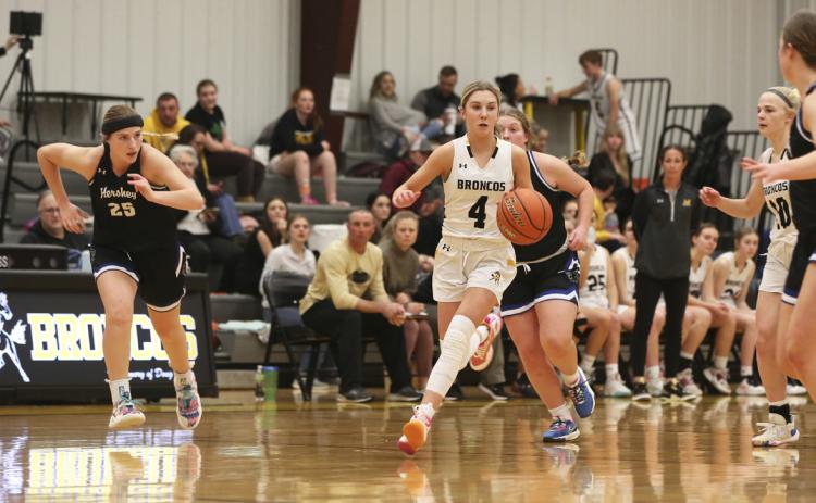 Peyton Paxton dribbles the ball up the court against Hershey. Megan Andersen